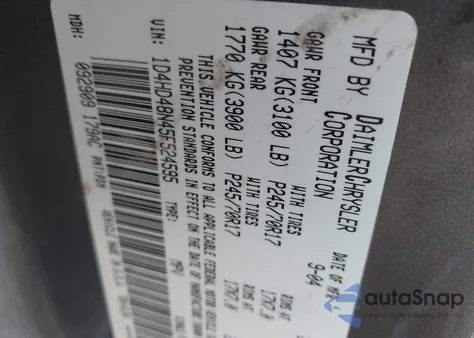 2005 Dodge Durango Slt из США, поврежденный, VIN 1D4HD48N45F524595